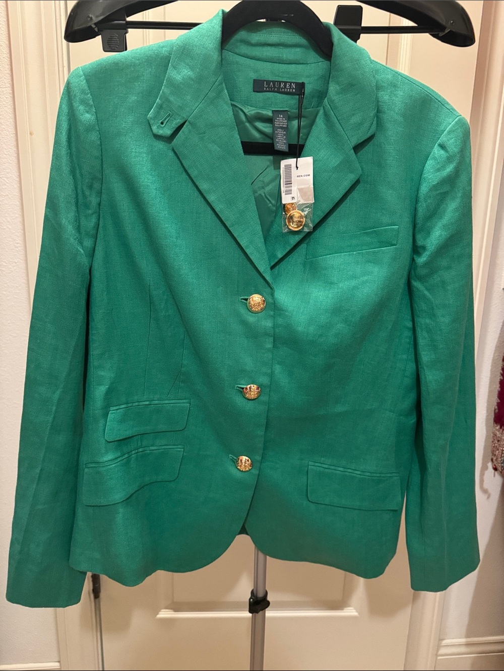 Lauren Ralph Lauren 100% linen Emerald Green  Blazer with Gold Buttons.